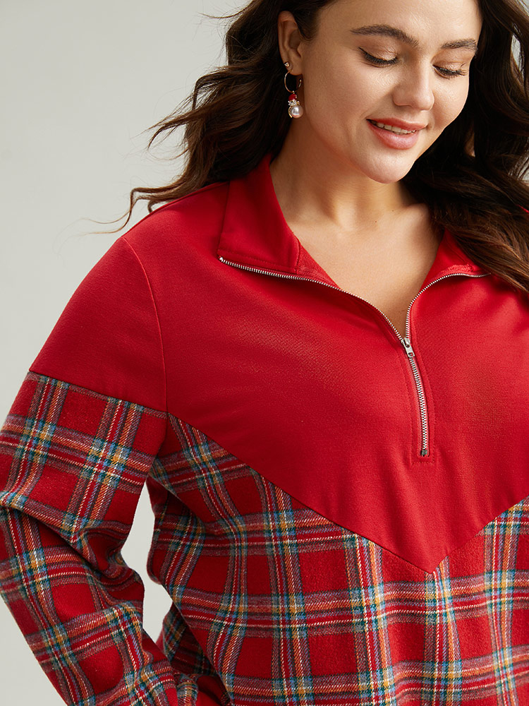 Plus Size Women Festival-Christmas Plaid Elastic cuffs Regular Regular Sleeve Long Sleeve Lapel Collar Casual Sweatshirts BloomChic 