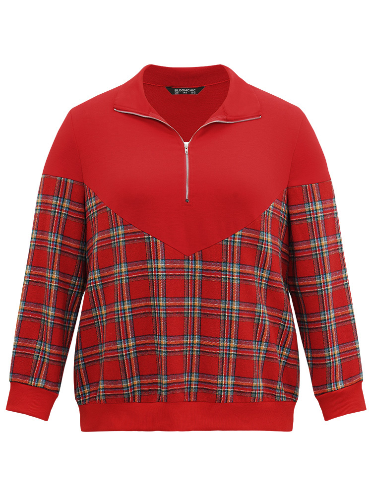 Plus Size Women Festival-Christmas Plaid Elastic cuffs Regular Regular Sleeve Long Sleeve Lapel Collar Casual Sweatshirts BloomChic 