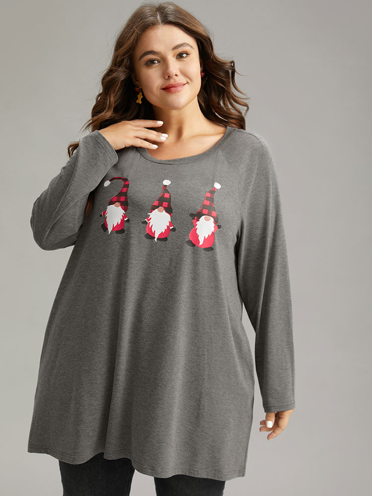 Plus Size Women Dailywear Christmas Pocket Raglan sleeve Long Sleeve Round Neck Casual T-shirts BloomChic 