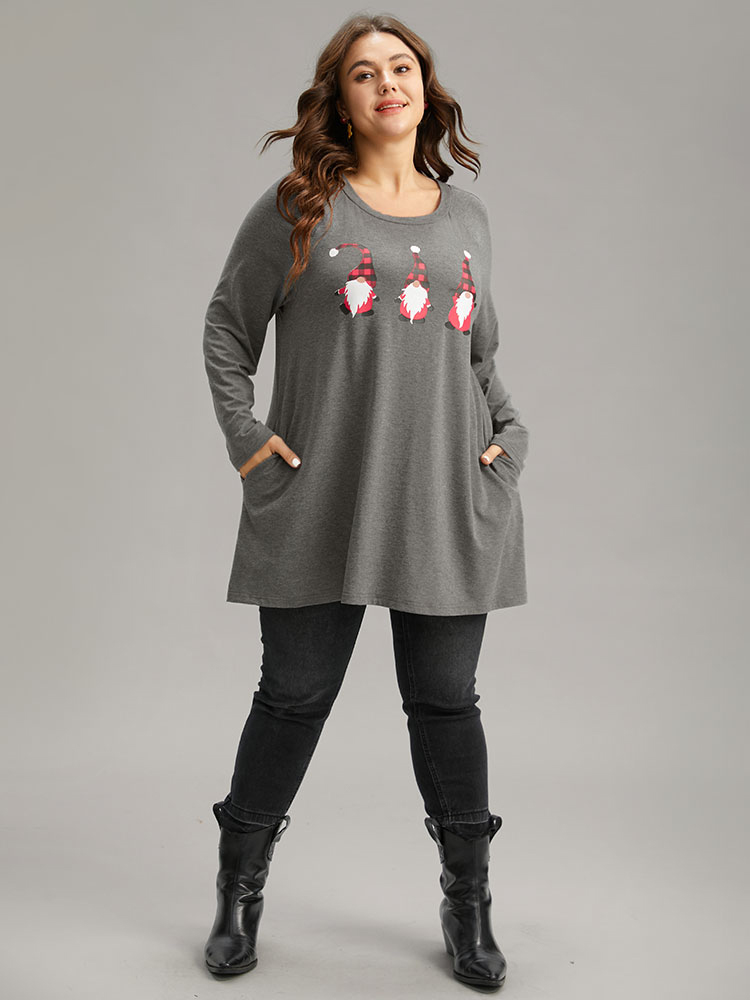 Plus Size Women Dailywear Christmas Pocket Raglan sleeve Long Sleeve Round Neck Casual T-shirts BloomChic 