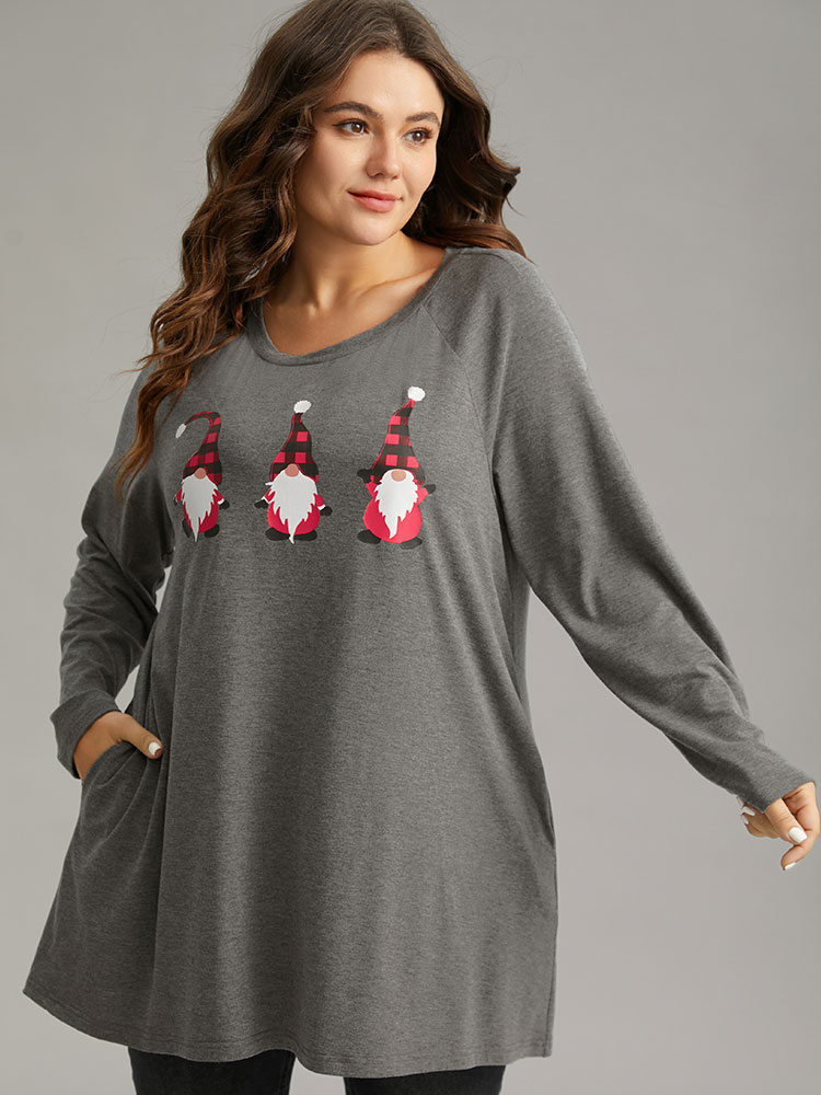 Plus Size Women Dailywear Christmas Pocket Raglan sleeve Long Sleeve Round Neck Casual T-shirts BloomChic 