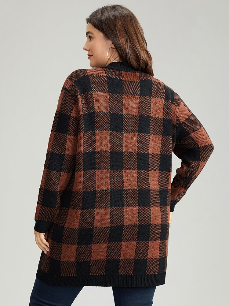 

Plus Size Plaid Patched Pocket Loose Cardigan Chocolate Women Casual Loose Long Sleeve Everyday Cardigans BloomChic