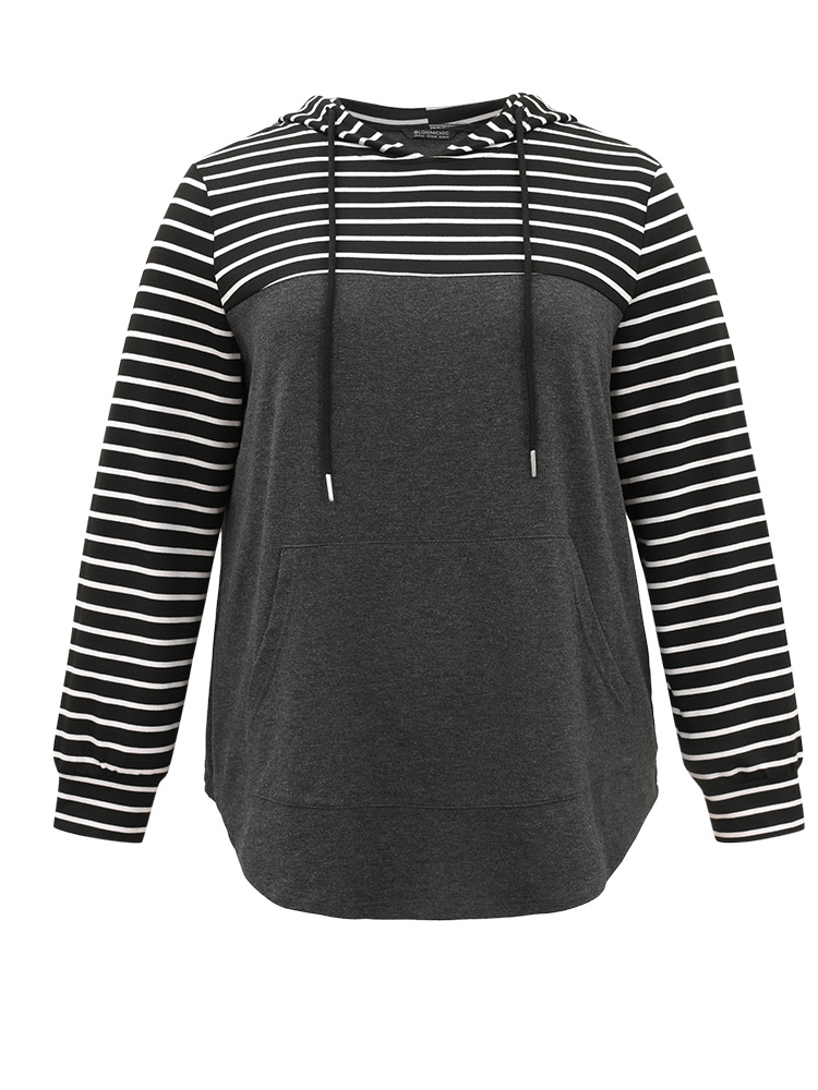 

Plus Size Striped Patchwork Hooded Pocket Drawstring Sweatshirt Women DimGray Casual Contrast Hooded Everyday Sweatshirts BloomChic