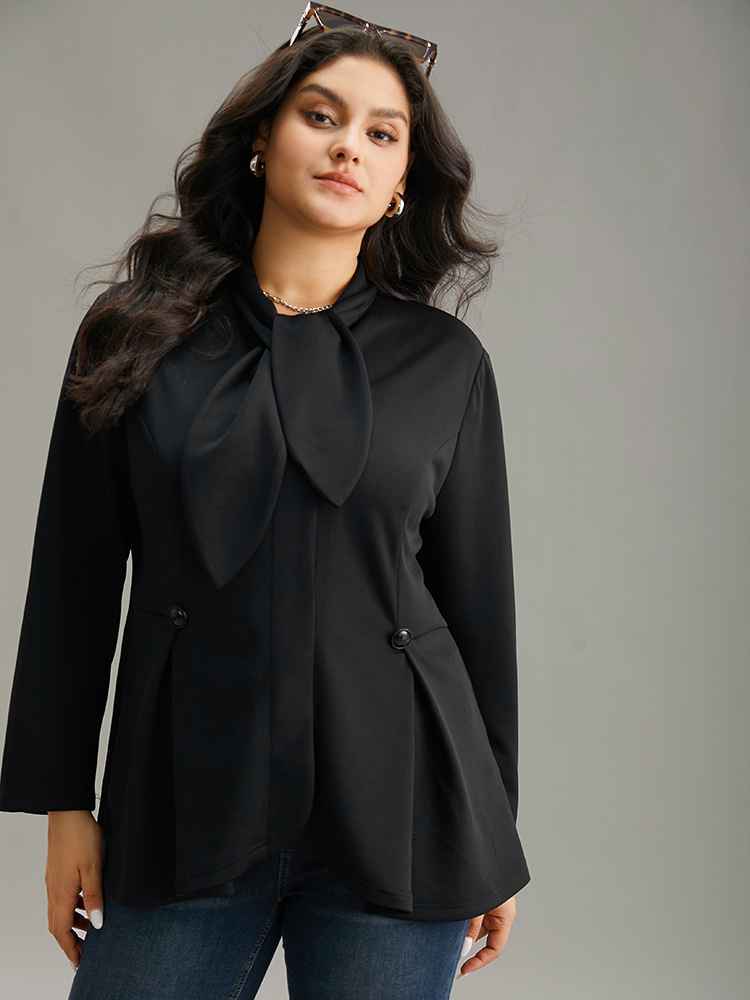 Plus Size Plain Button Detail Asymmetrical Ties Blazer Black Women Dailywear Plain Plain Sleeve Long Sleeve Asymmetrical Neck 10/M Elegant Blazers BloomChic 