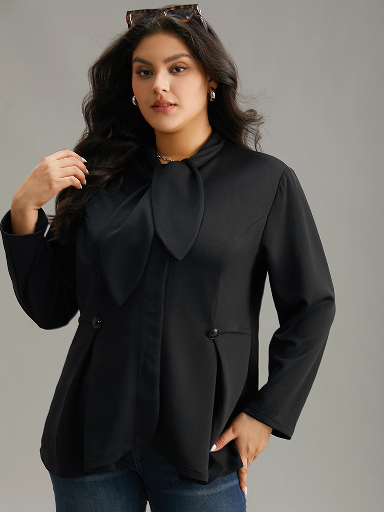 

Plus Size Plain Button Detail Asymmetrical Ties Blazer Black Women Dailywear Plain Plain Sleeve Long Sleeve Asymmetrical Neck  Elegant Blazers BloomChic