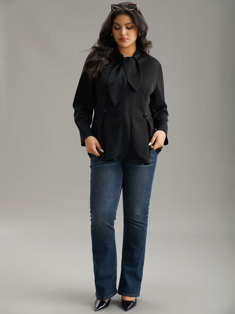 Plus Size Plain Button Detail Asymmetrical Ties Blazer Black Women Dailywear Plain Plain Sleeve Long Sleeve Asymmetrical Neck 10/M Elegant Blazers BloomChic 