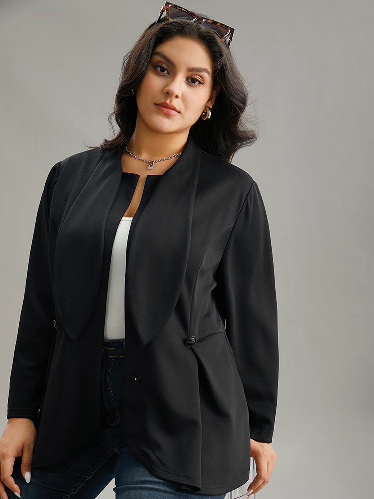 Plus Size Plain Button Detail Asymmetrical Ties Blazer Black Women Dailywear Plain Plain Sleeve Long Sleeve Asymmetrical Neck 10/M Elegant Blazers BloomChic 