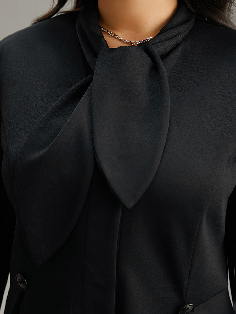 Plus Size Plain Button Detail Asymmetrical Ties Blazer Black Women Dailywear Plain Plain Sleeve Long Sleeve Asymmetrical Neck 10/M Elegant Blazers BloomChic 