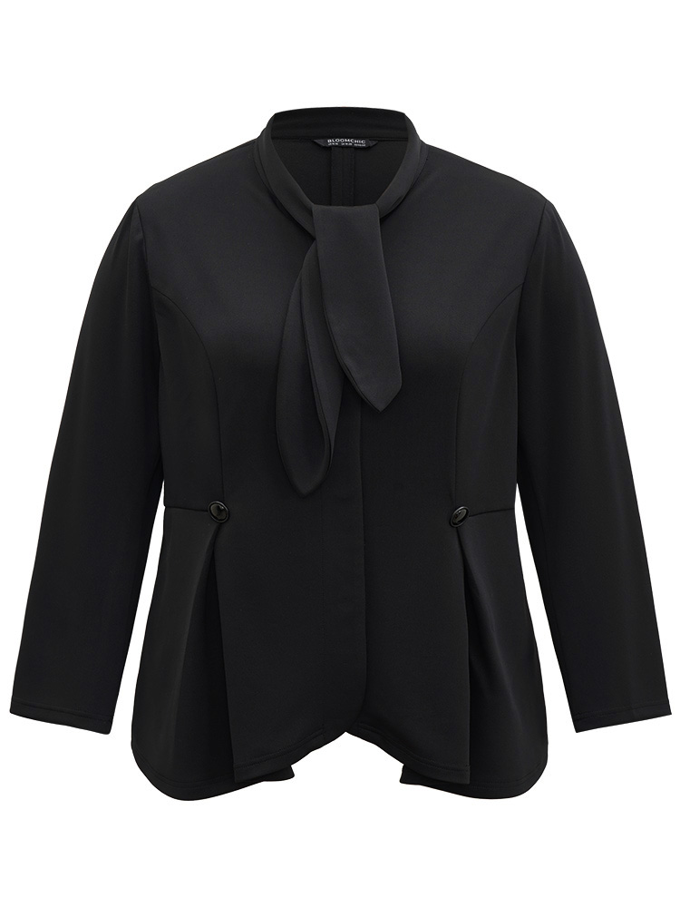 Plus Size Plain Button Detail Asymmetrical Ties Blazer Black Women Dailywear Plain Plain Sleeve Long Sleeve Asymmetrical Neck 10/M Elegant Blazers BloomChic 