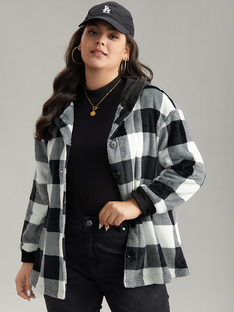 

Plus Size Plaid Button Through Patchwork Hooded Jacket Women Black Casual Contrast Ladies Dailywear Winter Coats BloomChic