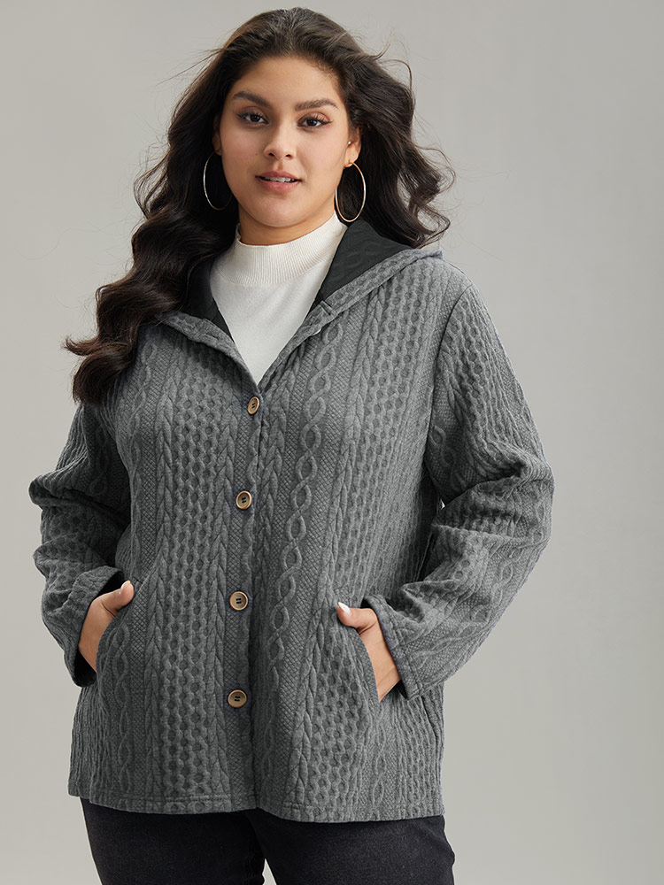 

Plus Size Contrast Cable Knit Pocket Hooded Jacket Women Gray Casual Texture Ladies Dailywear Winter Coats BloomChic