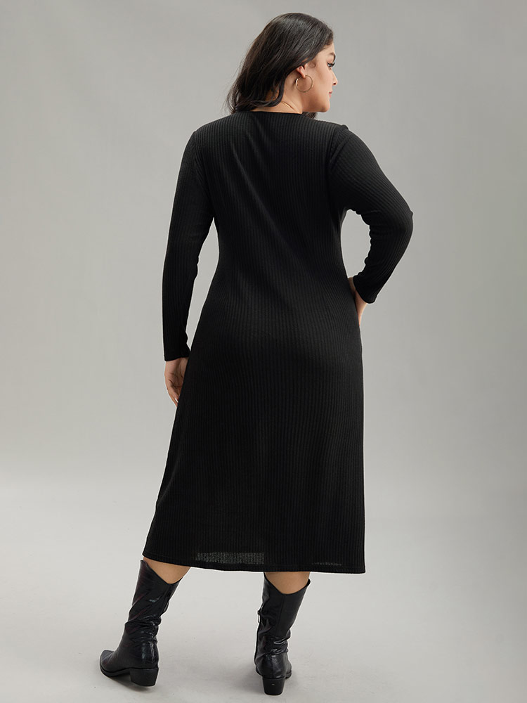 Plus Size Two Tone Patchwork V Neck Dress Multicolor Women Casual Patchwork V-neck Long Sleeve Curvy Midi Dress BloomChic 18-20/2X 