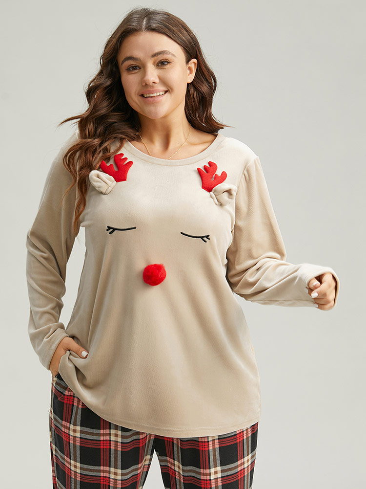 

Plus Size Christmas Elk Fluffy Ball Round Neck Sleep Top Champagne Graphic-Christmas Festival-Christmas Casual  Bloomchic