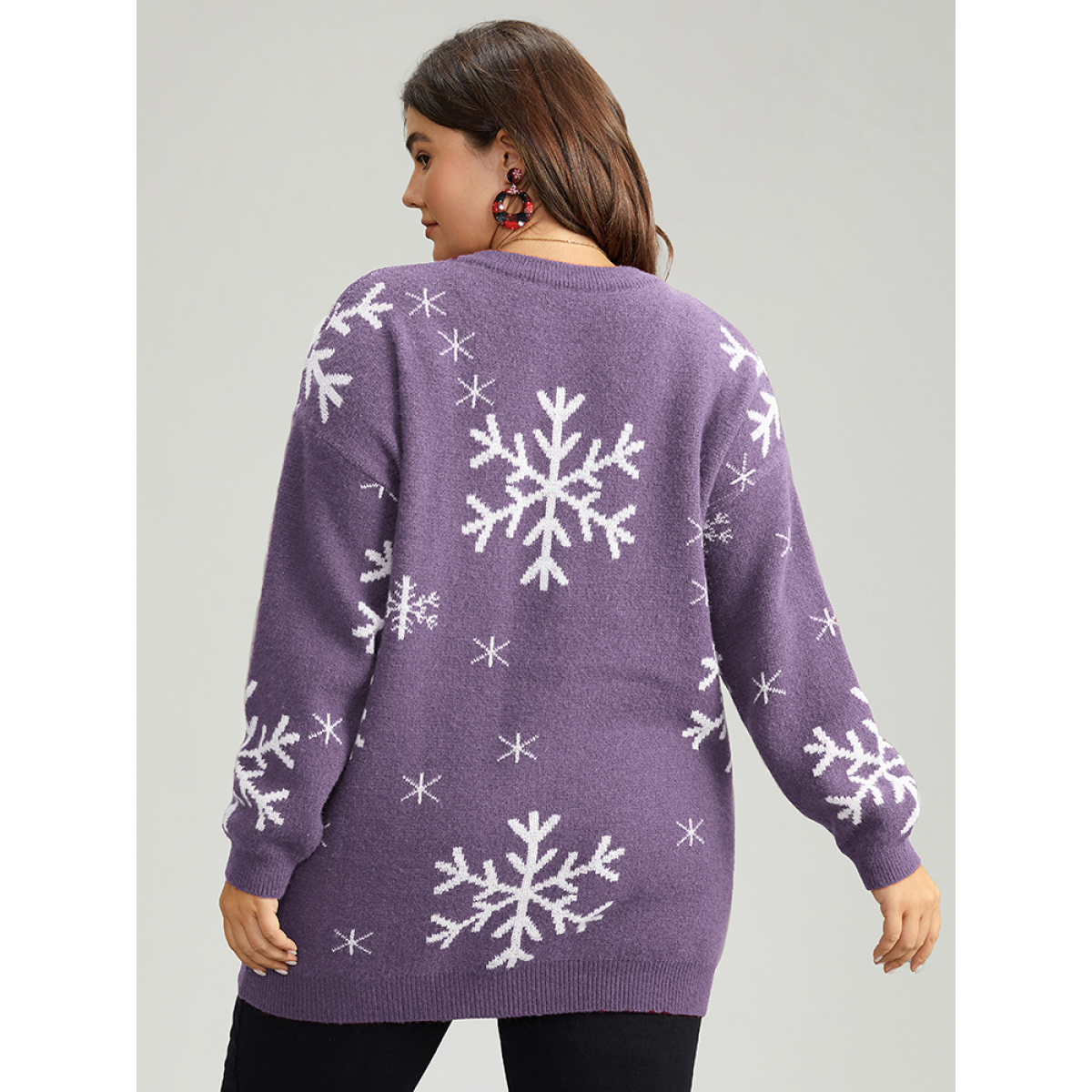 

Plus Size Anti-Pilling Snowflake Print Pullover Mauve Women Casual Loose Long Sleeve V-neck Dailywear Pullovers BloomChic