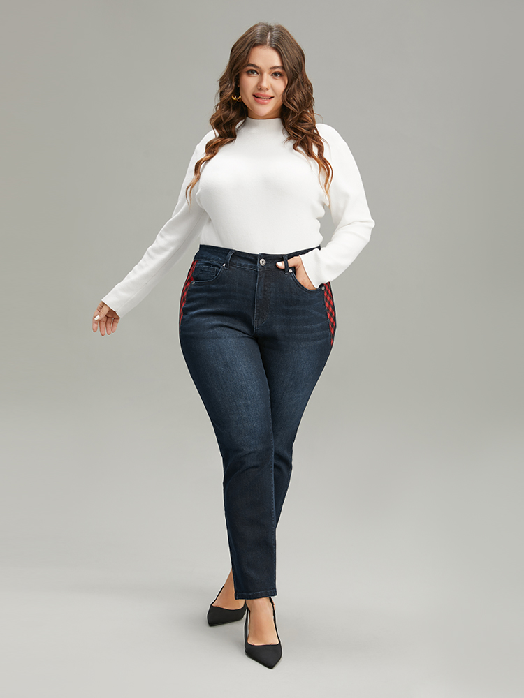 Plus Size Plaid Patchwork Straight Leg Dark Wash Jeans Women Midnight Casual Gingham Contrast High stretch Pocket Jeans BloomChic 20/2X 