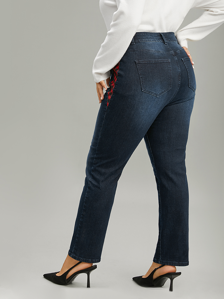 Plus Size Plaid Patchwork Straight Leg Dark Wash Jeans Women Midnight Casual Gingham Contrast High stretch Pocket Jeans BloomChic 20/2X 