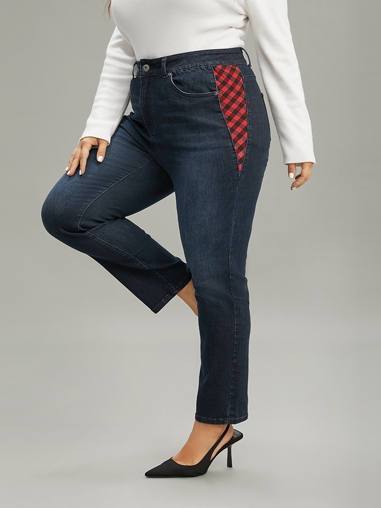 Plus Size Plaid Patchwork Straight Leg Dark Wash Jeans Women Midnight Casual Gingham Contrast High stretch Pocket Jeans BloomChic 20/2X 