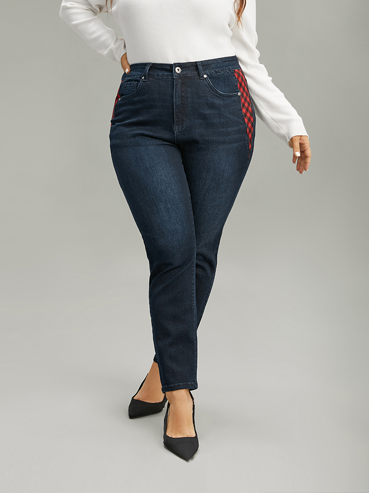 Plus Size Plaid Patchwork Straight Leg Dark Wash Jeans Women Midnight Casual Gingham Contrast High stretch Pocket Jeans BloomChic 20/2X 