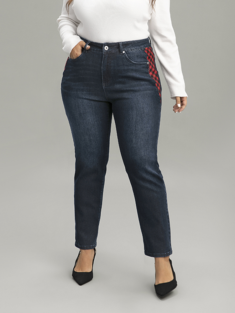 Plus Size Plaid Patchwork Straight Leg Dark Wash Jeans Women Midnight Casual Gingham Contrast High stretch Pocket Jeans BloomChic 20/2X 