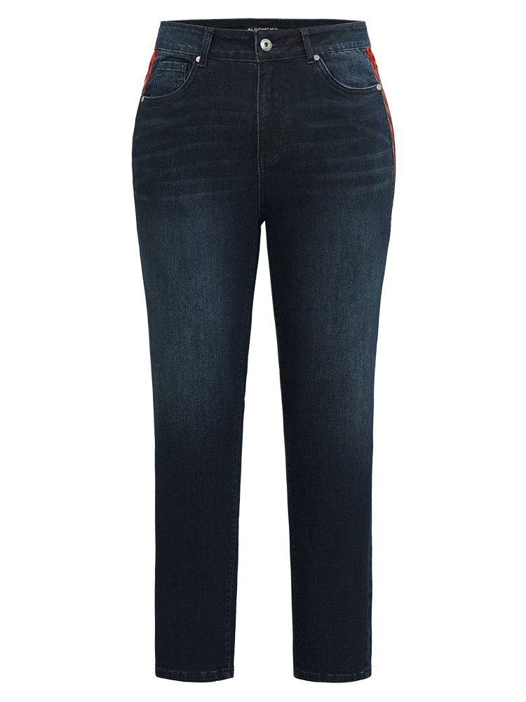 Plus Size Plaid Patchwork Straight Leg Dark Wash Jeans Women Midnight Casual Gingham Contrast High stretch Pocket Jeans BloomChic 20/2X 
