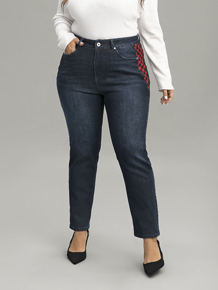 Plus Size Plaid Patchwork Straight Leg Dark Wash Jeans Women Midnight Casual Gingham Contrast High stretch Pocket Jeans BloomChic 20/2X 