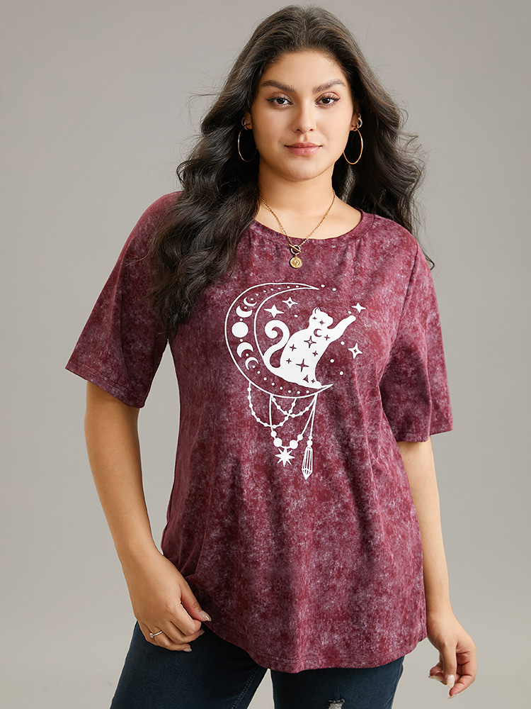 

Plus Size Horoscope Print Vintage Crew Neck T-shirt Burgundy Women Casual Printed Tarot elements Dailywear T-shirts BloomChic