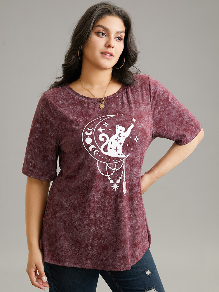 Plus Size Horoscope Print Vintage Crew Neck T-shirt Burgundy Women Casual Printed Tarot elements Dailywear T-shirts BloomChic 18-20/2X 
