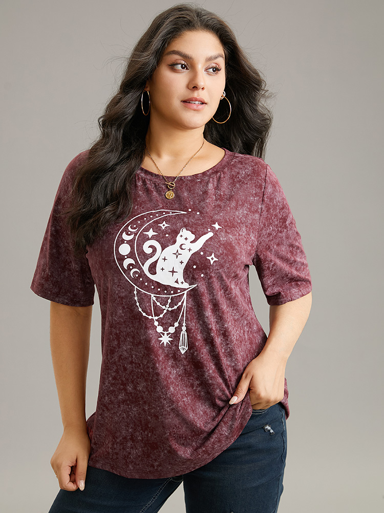 Plus Size Horoscope Print Vintage Crew Neck T-shirt Burgundy Women Casual Printed Tarot elements Dailywear T-shirts BloomChic 18-20/2X 