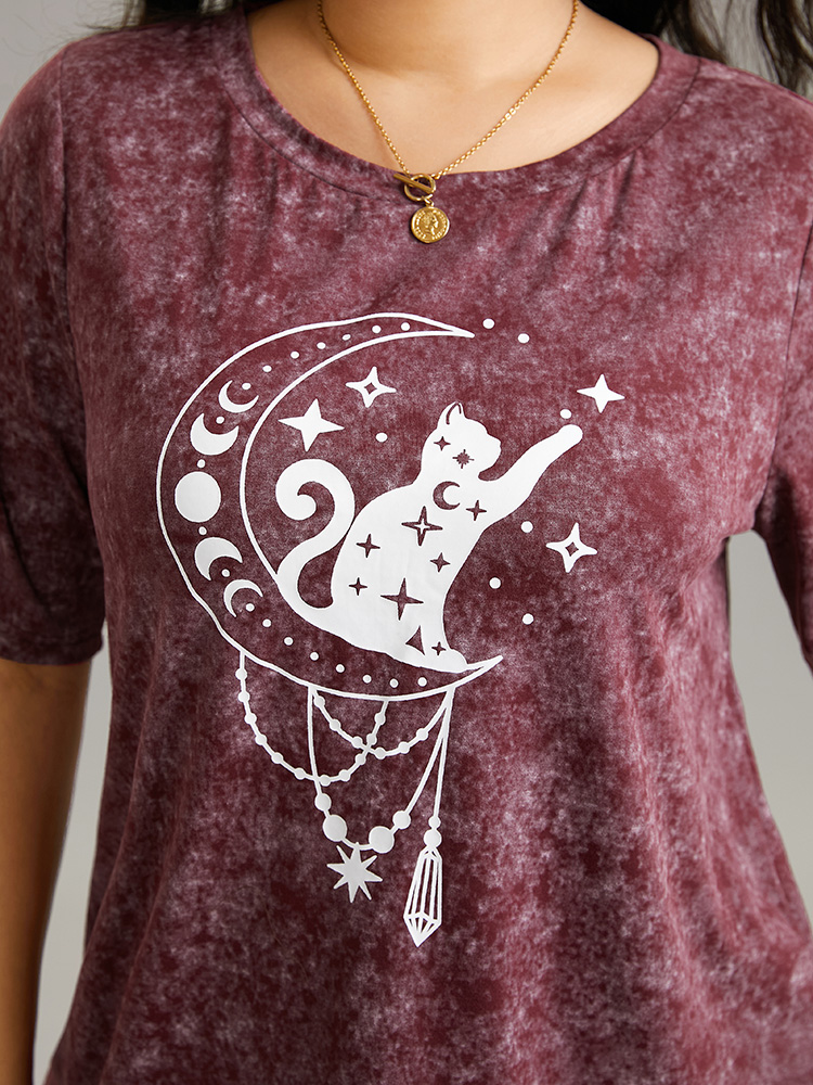 Plus Size Horoscope Print Vintage Crew Neck T-shirt Burgundy Women Casual Printed Tarot elements Dailywear T-shirts BloomChic 18-20/2X 