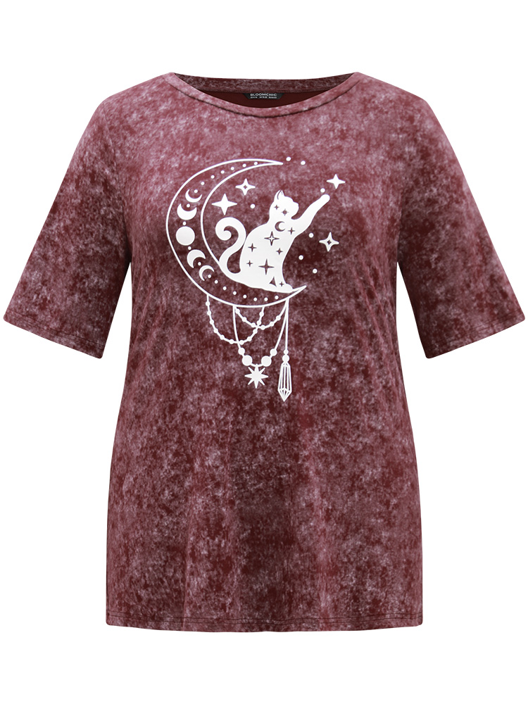 Plus Size Horoscope Print Vintage Crew Neck T-shirt Burgundy Women Casual Printed Tarot elements Dailywear T-shirts BloomChic 18-20/2X 