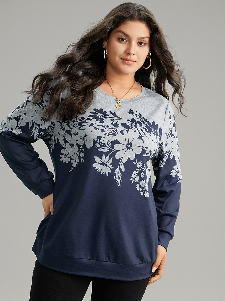 

Plus Size Silhouette Floral Print Contrast Round Neck Sweatshirt Women Indigo Casual Contrast Round Neck Dailywear Sweatshirts BloomChic