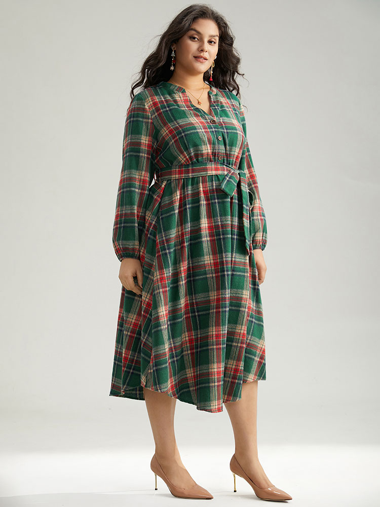 

Plus Size Plaid Notched Belted Pocket Curved Hem Dress Emerald Women Office Elastic cuffs Notched collar Long Sleeve Curvy Midi Dress BloomChic
