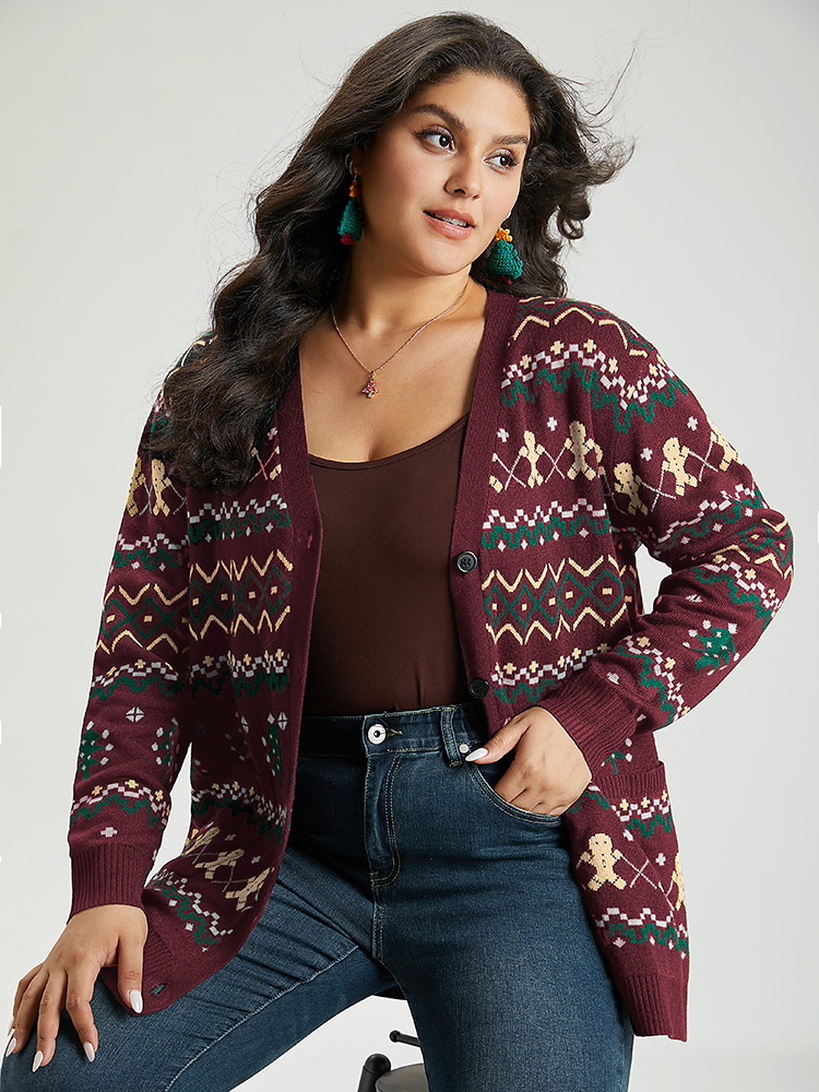 

Plus Size Christmas Trees & Gingerbread Man Print Pocket Cardigan Burgundy Women Casual Loose Long Sleeve Festival-Christmas Cardigans BloomChic