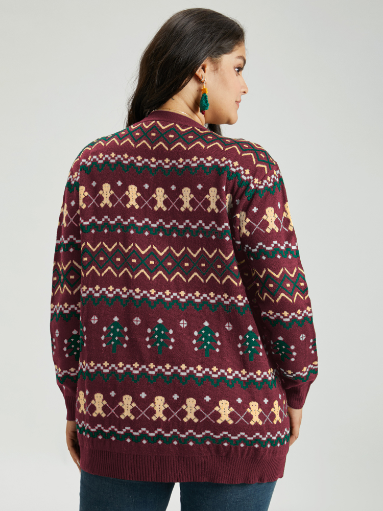 Plus Size Christmas Trees & Gingerbread Man Print Pocket Cardigan Burgundy Women Casual Loose Long Sleeve Festival-Christmas Cardigans BloomChic 18-20/2X 