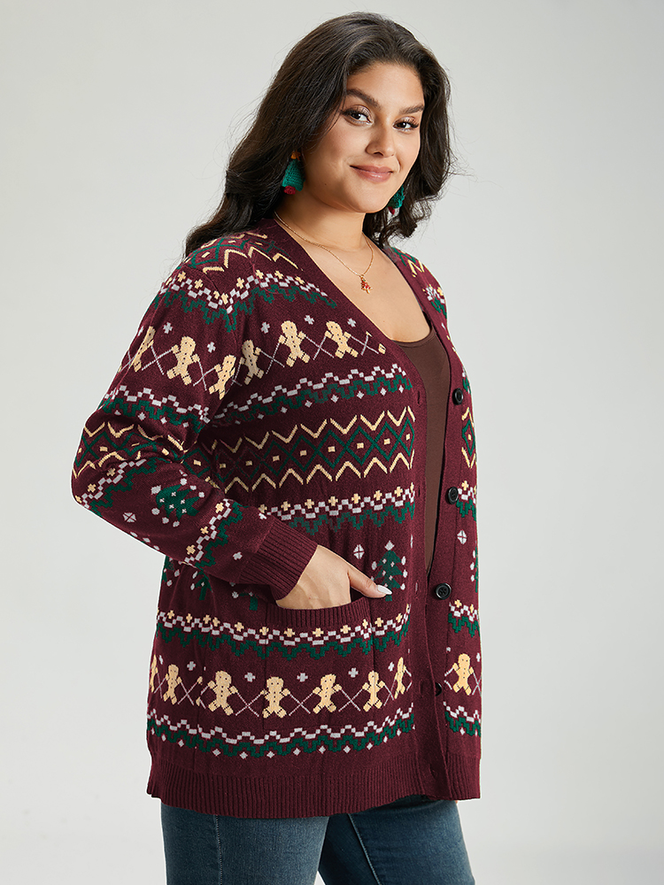 

Plus Size Christmas Trees & Gingerbread Man Print Pocket Cardigan Burgundy Women Casual Loose Long Sleeve Festival-Christmas Cardigans BloomChic