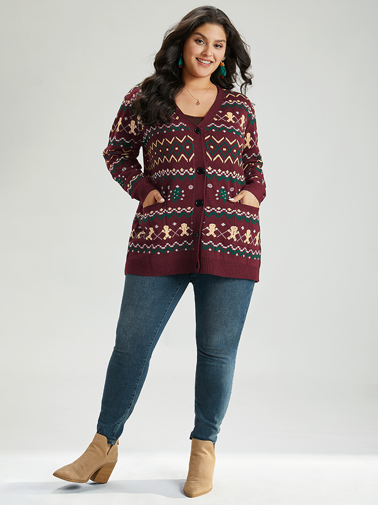 Plus Size Christmas Trees & Gingerbread Man Print Pocket Cardigan Burgundy Women Casual Loose Long Sleeve Festival-Christmas Cardigans BloomChic 18-20/2X 