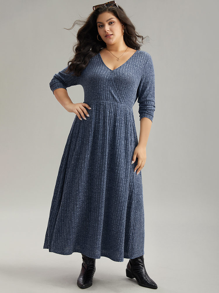 

Plus Size Solid Rib Knit Overlap Collar Pocket Dress Indigo Women Casual Texture Overlap Collar Long Sleeve Curvy Midi Dress BloomChic