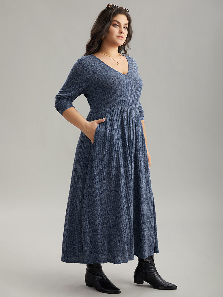 

Plus Size Solid Rib Knit Overlap Collar Pocket Dress Indigo Women Casual Texture Overlap Collar Long Sleeve Curvy Midi Dress BloomChic