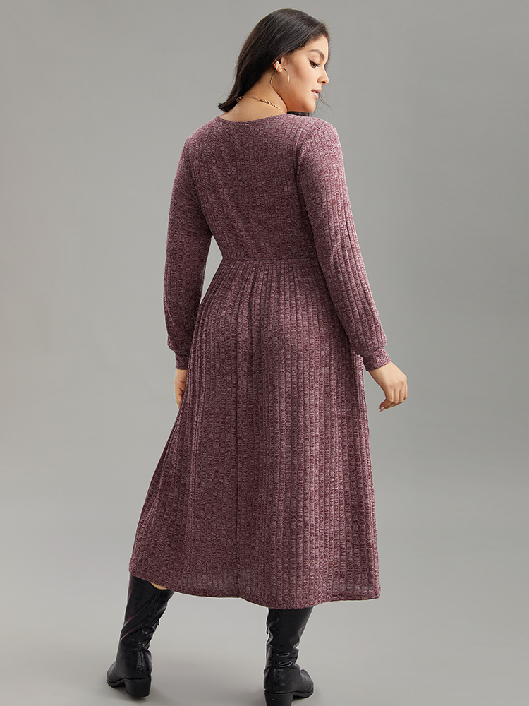 Plus Size Rib Knit Plain Plisse Long Sleeve Dress Purple Women Casual Rib Knit V-neck Long Sleeve Curvy Midi Dress BloomChic 22-24/3X 
