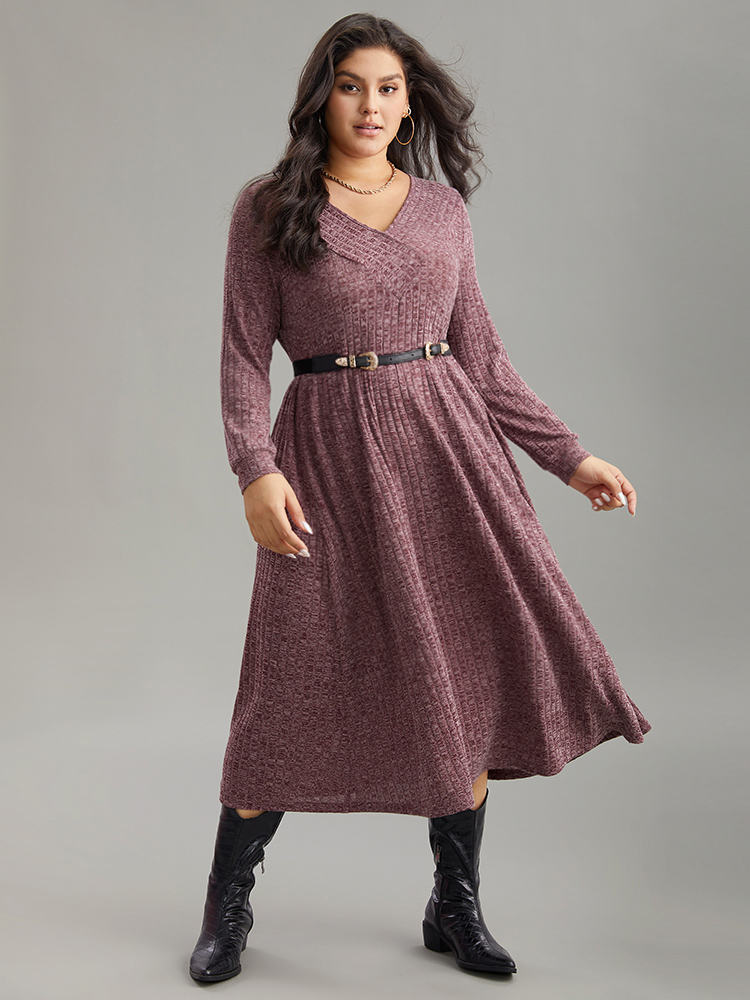 Plus Size Rib Knit Plain Plisse Long Sleeve Dress Purple Women Casual Rib Knit V-neck Long Sleeve Curvy Midi Dress BloomChic 22-24/3X 