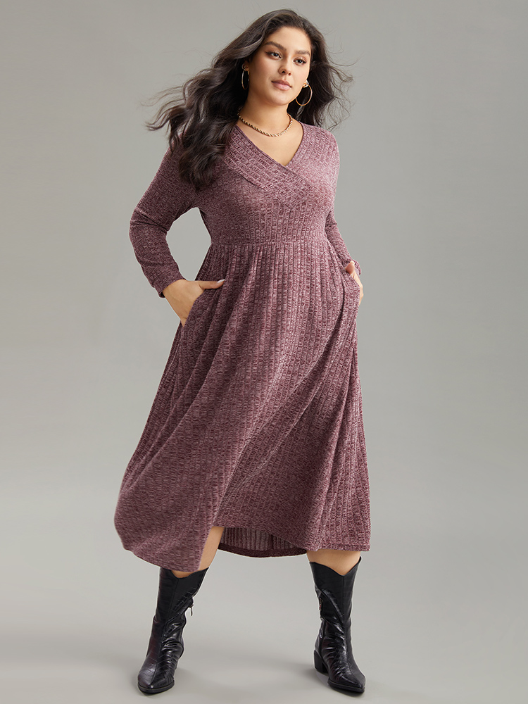 Plus Size Rib Knit Plain Plisse Long Sleeve Dress Purple Women Casual Rib Knit V-neck Long Sleeve Curvy Midi Dress BloomChic 22-24/3X 