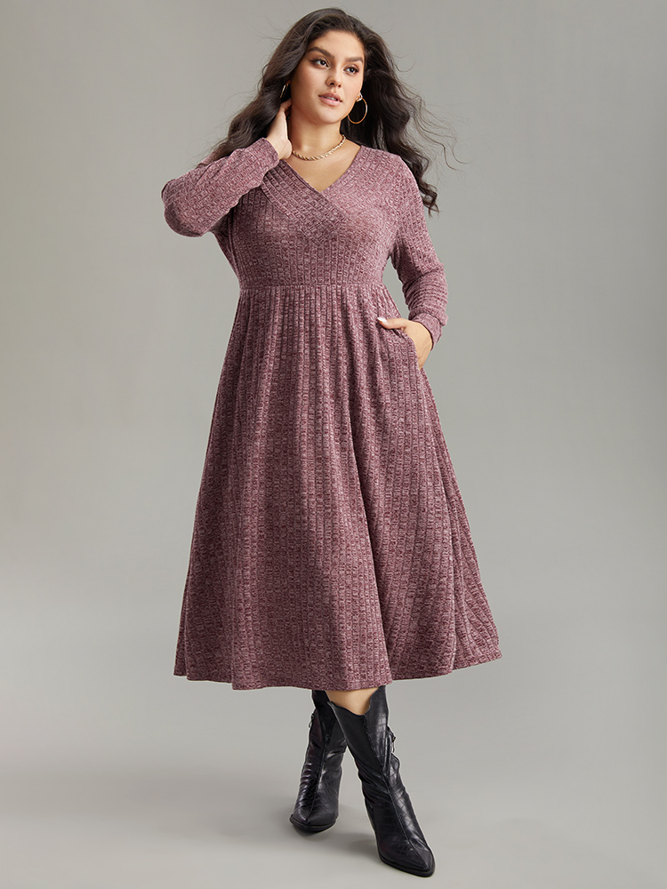 Plus Size Rib Knit Plain Plisse Long Sleeve Dress Purple Women Casual Rib Knit V-neck Long Sleeve Curvy Midi Dress BloomChic 22-24/3X 