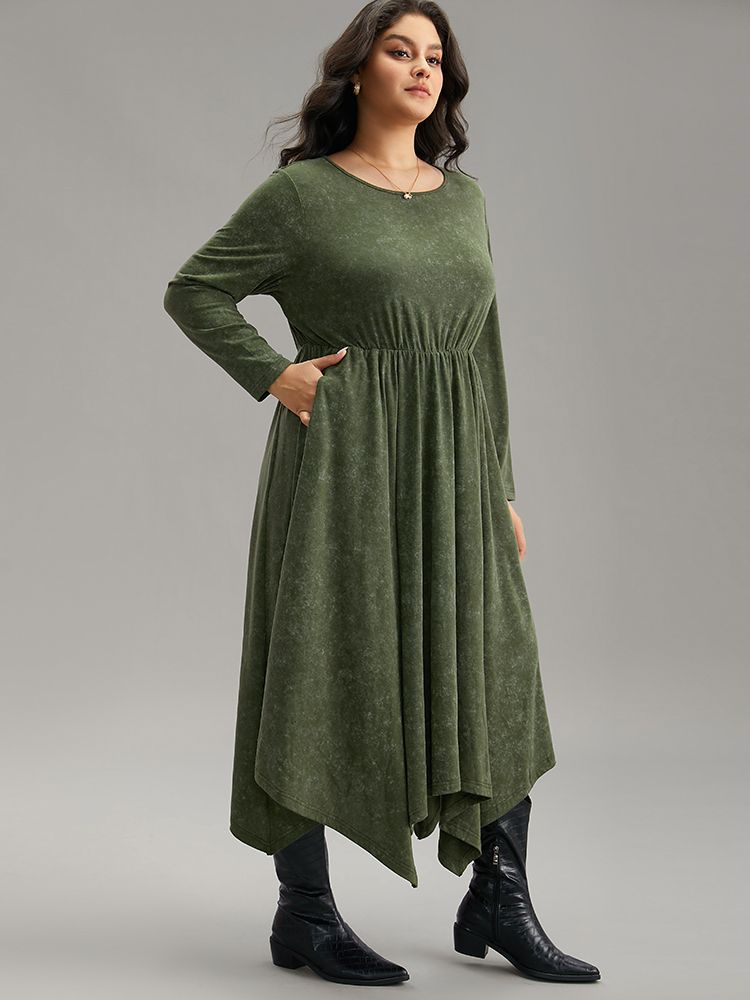 Plus Size Vintage Heather Elastic Waist Hanky Hem Dress ArmyGreen Women Casual Gathered Round Neck Long Sleeve Curvy Midi Dress BloomChic 14-16/1X 