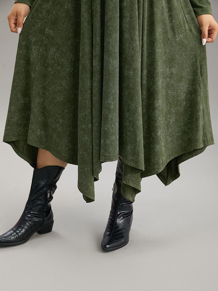 Plus Size Vintage Heather Elastic Waist Hanky Hem Dress ArmyGreen Women Casual Gathered Round Neck Long Sleeve Curvy Midi Dress BloomChic 14-16/1X 