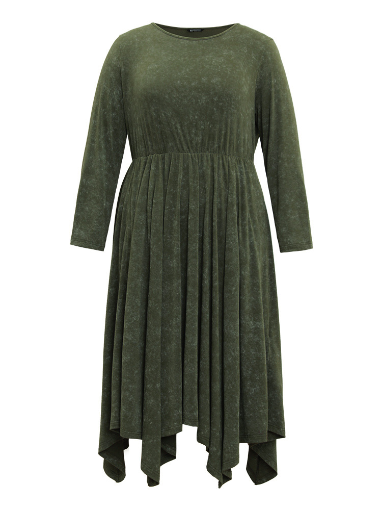 Plus Size Vintage Heather Elastic Waist Hanky Hem Dress ArmyGreen Women Casual Gathered Round Neck Long Sleeve Curvy Midi Dress BloomChic 14-16/1X 