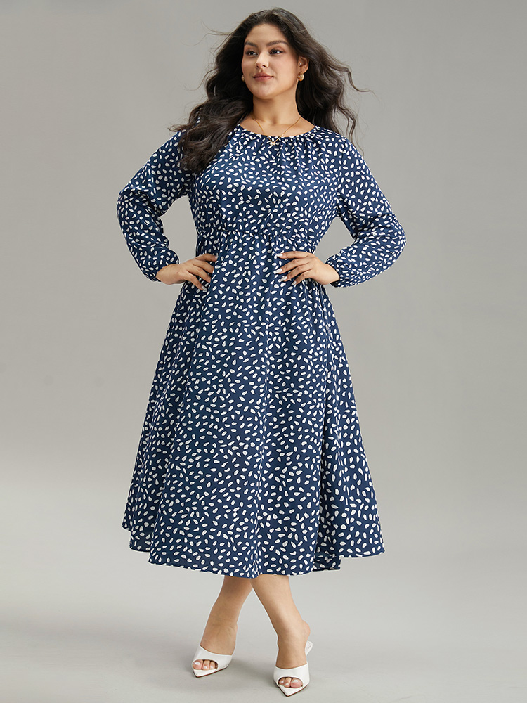 

Plus Size Geometric Print Plicated Detail Pocket Dress DarkBlue Women Elegant Elastic cuffs Round Neck Long Sleeve Curvy Midi Dress BloomChic