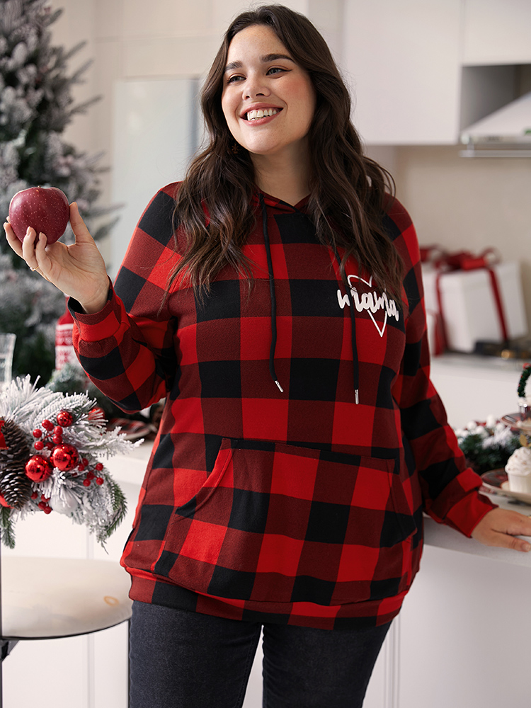 

Plus Size Letter Plaid Hooded Drawstring Pocket Sweatshirt Women Red Casual Elastic cuffs Hooded Festival-Christmas Sweatshirts BloomChic