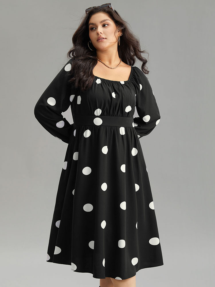 Plus Size Women Dailywear Polka Dot Elastic cuffs Lantern Sleeve Long Sleeve Square Neck Pocket Elegant Dresses BloomChic 