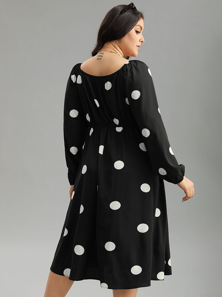 Plus Size Women Dailywear Polka Dot Elastic cuffs Lantern Sleeve Long Sleeve Square Neck Pocket Elegant Dresses BloomChic 