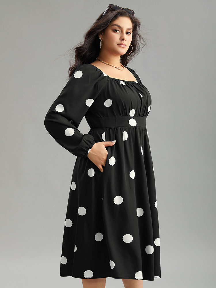 Plus Size Women Dailywear Polka Dot Elastic cuffs Lantern Sleeve Long Sleeve Square Neck Pocket Elegant Dresses BloomChic 